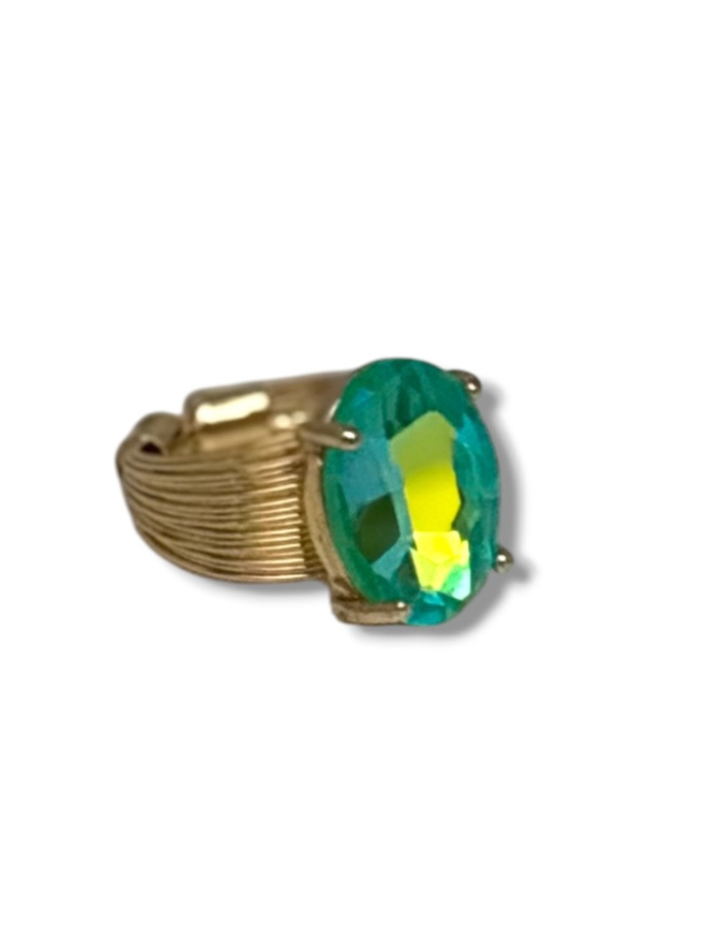 Oval Greenish Blue AB Glass Gold-Tone Ring
